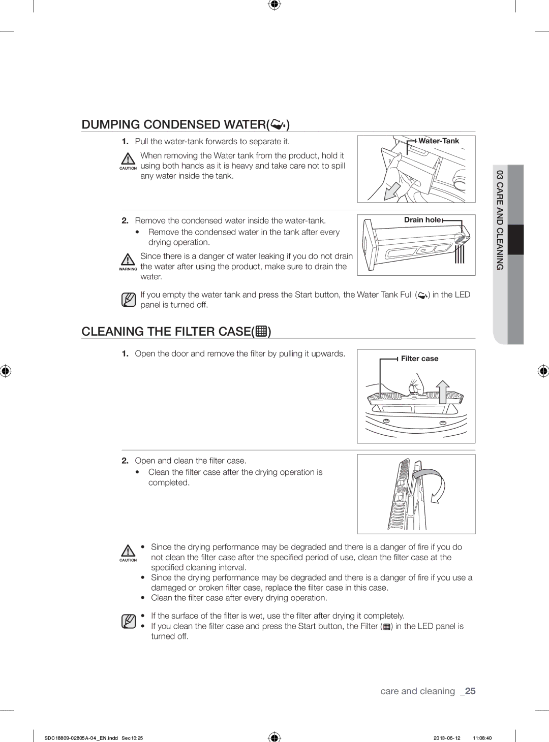 Samsung SDC18809/XEU manual Dumping Condensed Water, Cleaning the Filter Case, Pull the water-tank forwards to separate it 