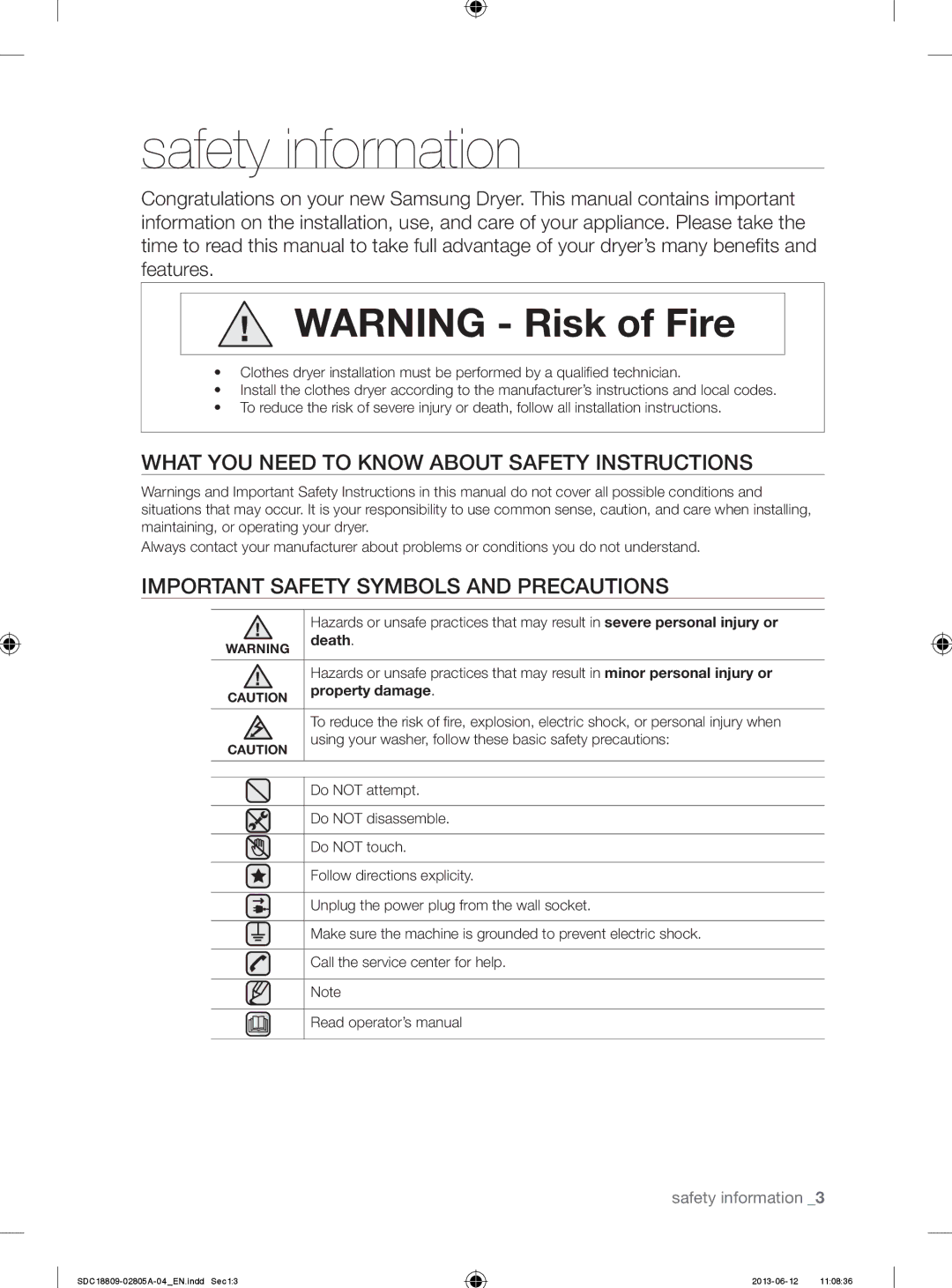 Samsung SDC18809/XEU manual Safety information, What YOU Need to Know about Safety Instructions, Death, Property damage 