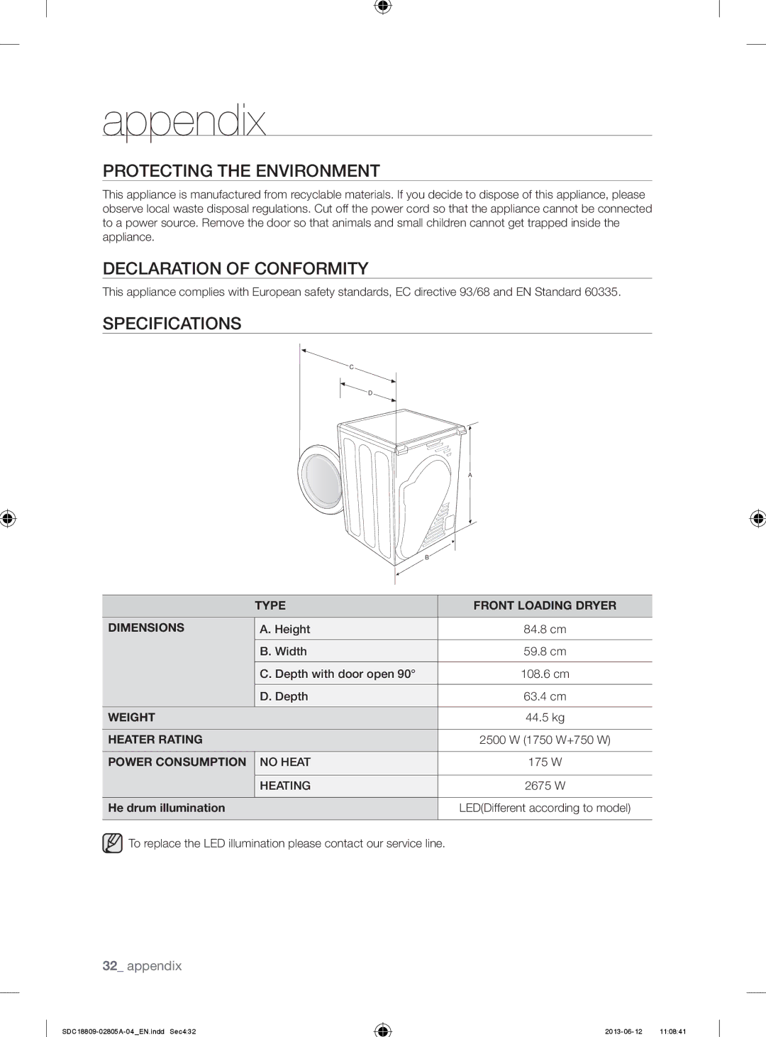 Samsung SDC18809/XEU manual Protecting the Environment, Declaration of Conformity, Specifications, He drum illumination 