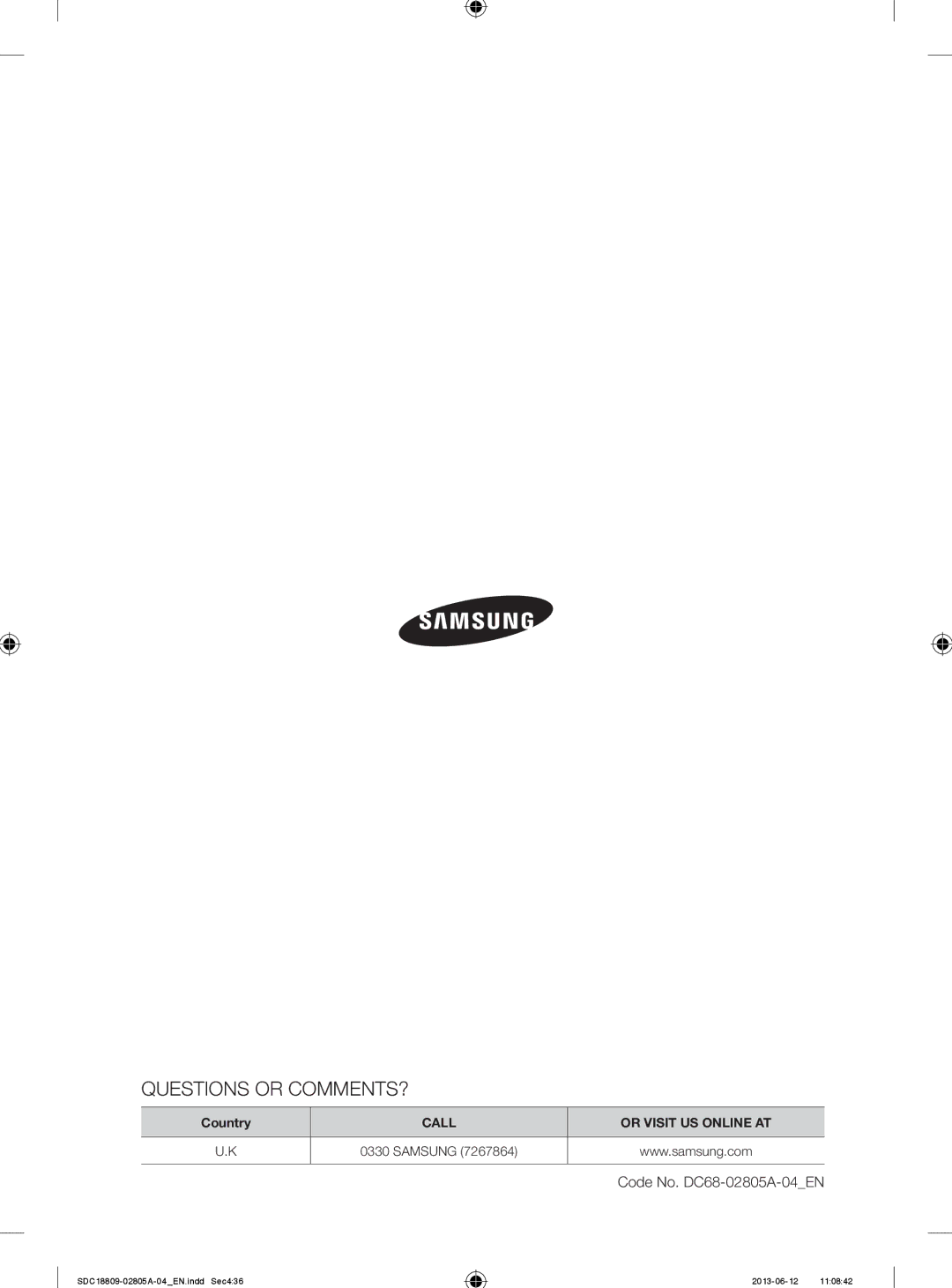 Samsung SDC18809/XEU manual Questions or COMMENTS?, Code No. DC68-02805A-04EN 