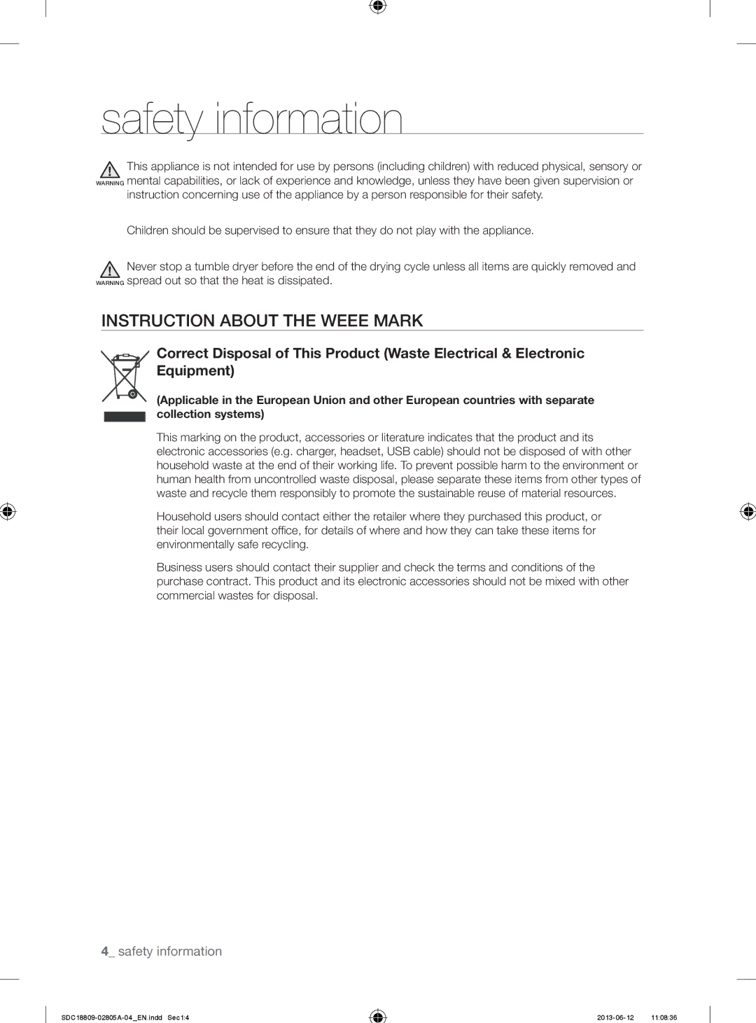 Samsung SDC18809/XEU manual Instruction about the Weee Mark 