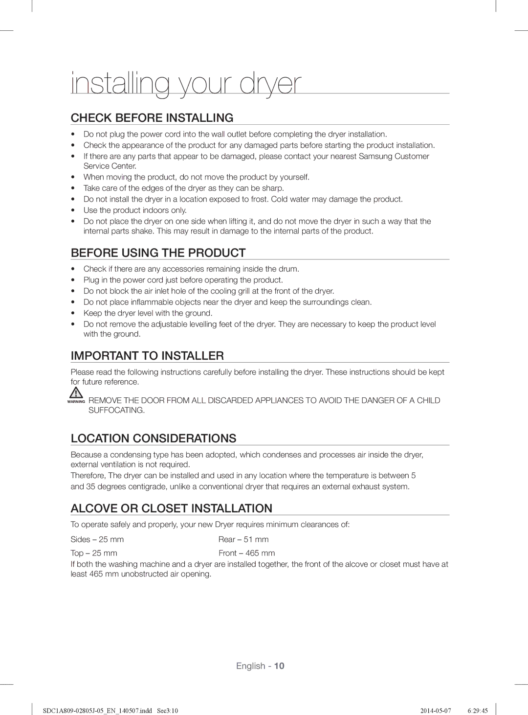 Samsung SDC1A809/XSG Check Before Installing, Before Using the Product, Important to Installer, Location Considerations 