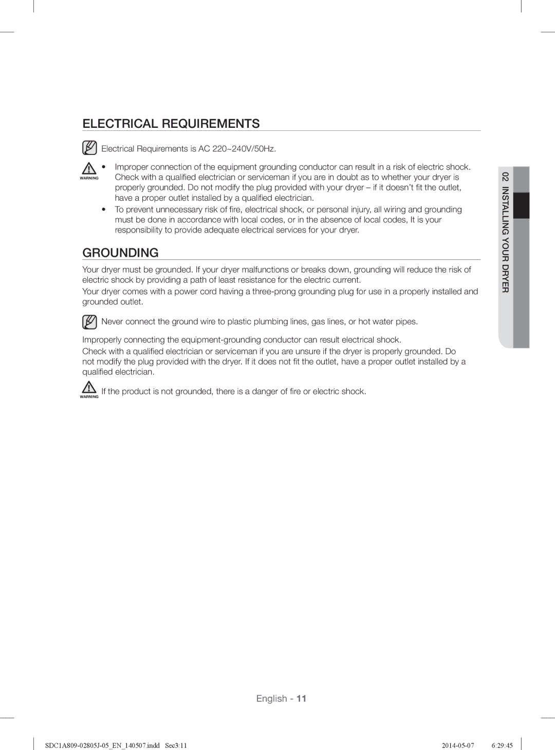 Samsung SDC1A809/XSG manual Electrical Requirements, Grounding 