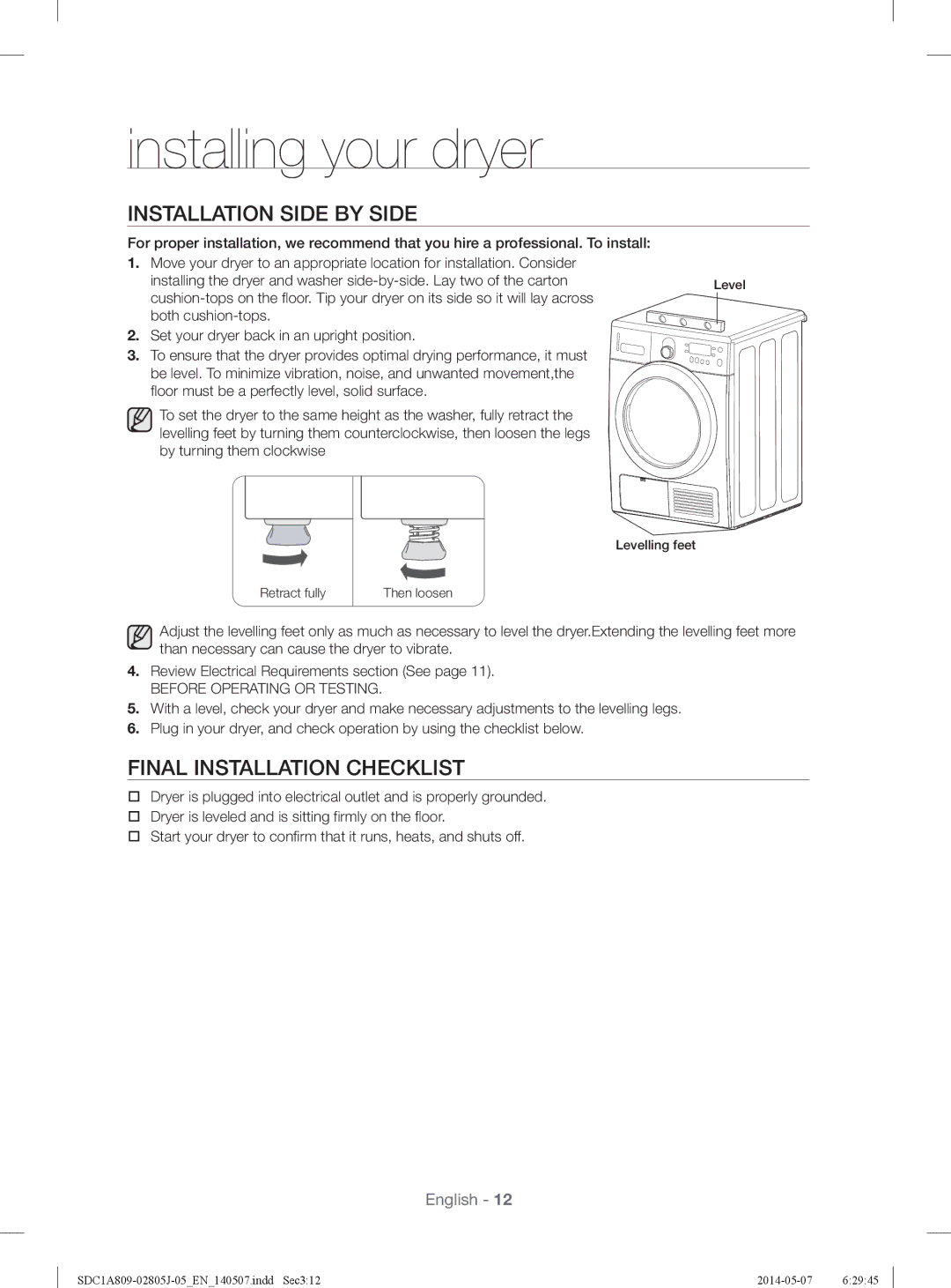 Samsung SDC1A809/XSG manual Installation Side by Side, Final Installation Checklist 