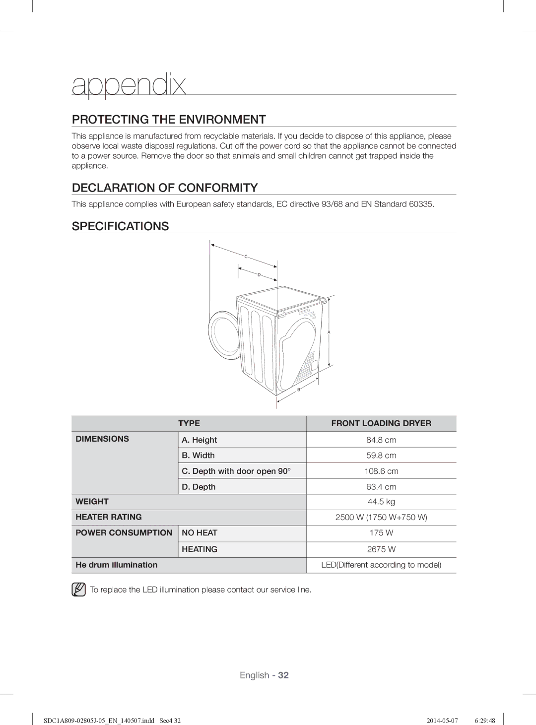 Samsung SDC1A809/XSG manual Protecting the Environment, Declaration of Conformity, Specifications, He drum illumination 