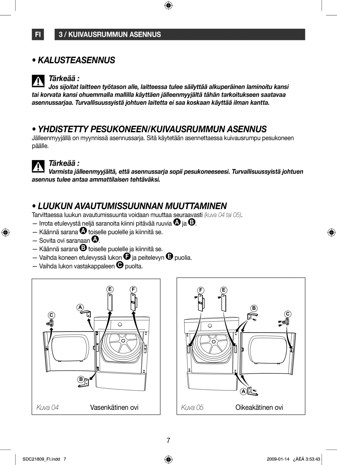 Samsung SDC21809/XEE Kalusteasennus, Yhdistetty PESUKONEEN/KUIVAUSRUMMUN Asennus, Luukun Avautumissuunnan Muuttaminen 