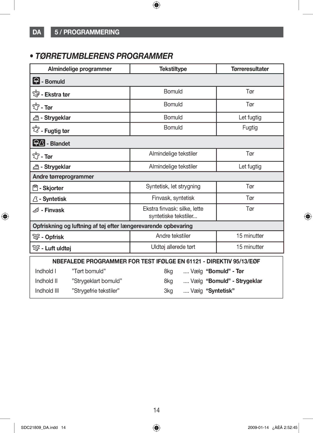 Samsung SDC21809/XEE manual Tørretumblerens Programmer 