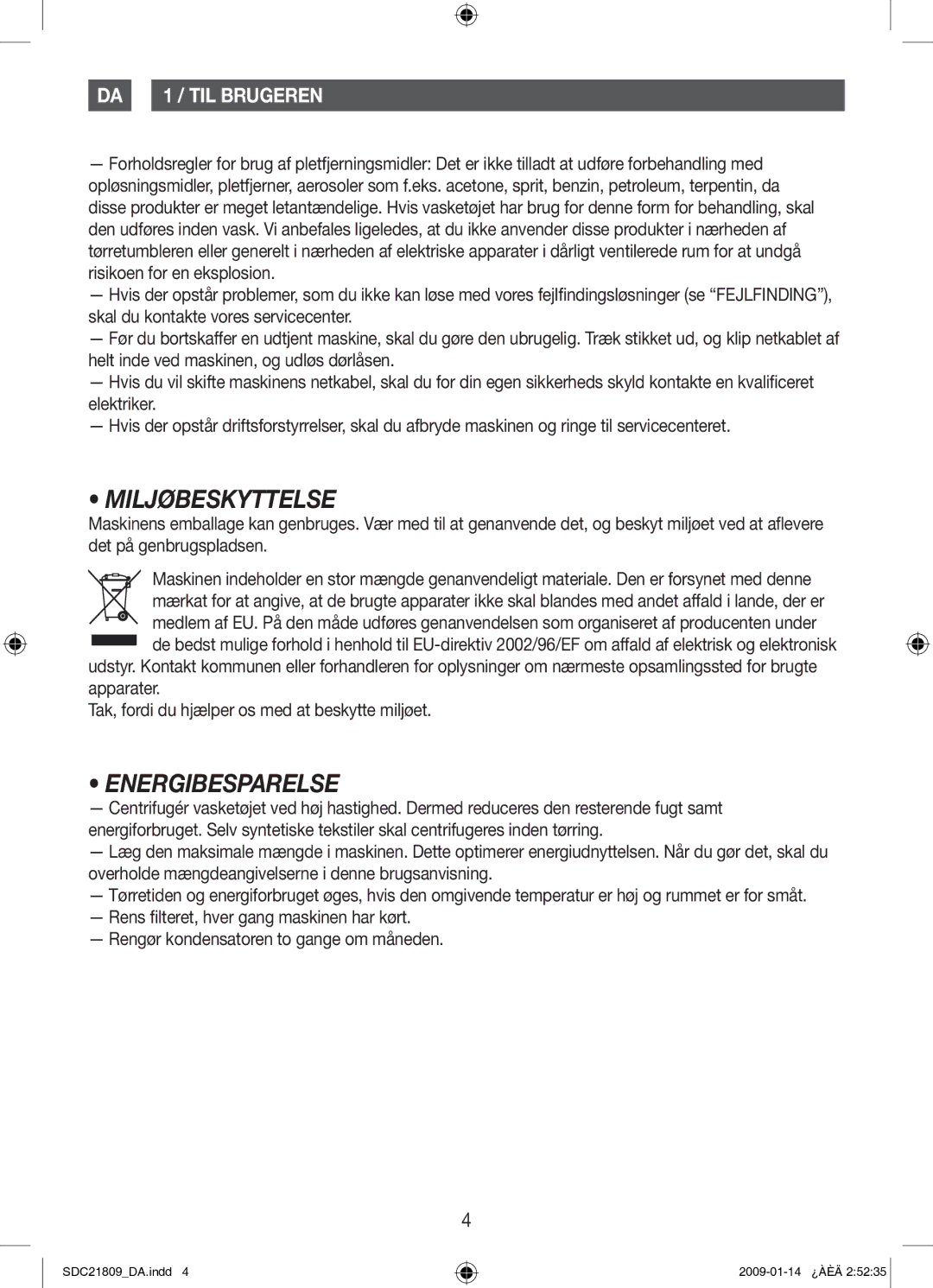 Samsung SDC21809/XEE manual Miljøbeskyttelse, Energibesparelse 