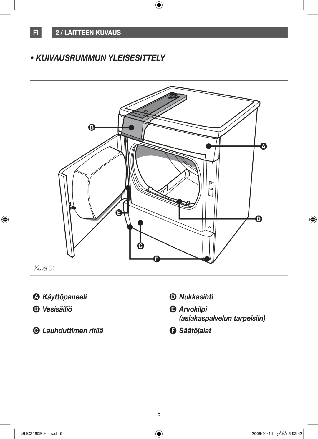 Samsung SDC21809/XEE manual Kuivausrummun Yleisesittely 