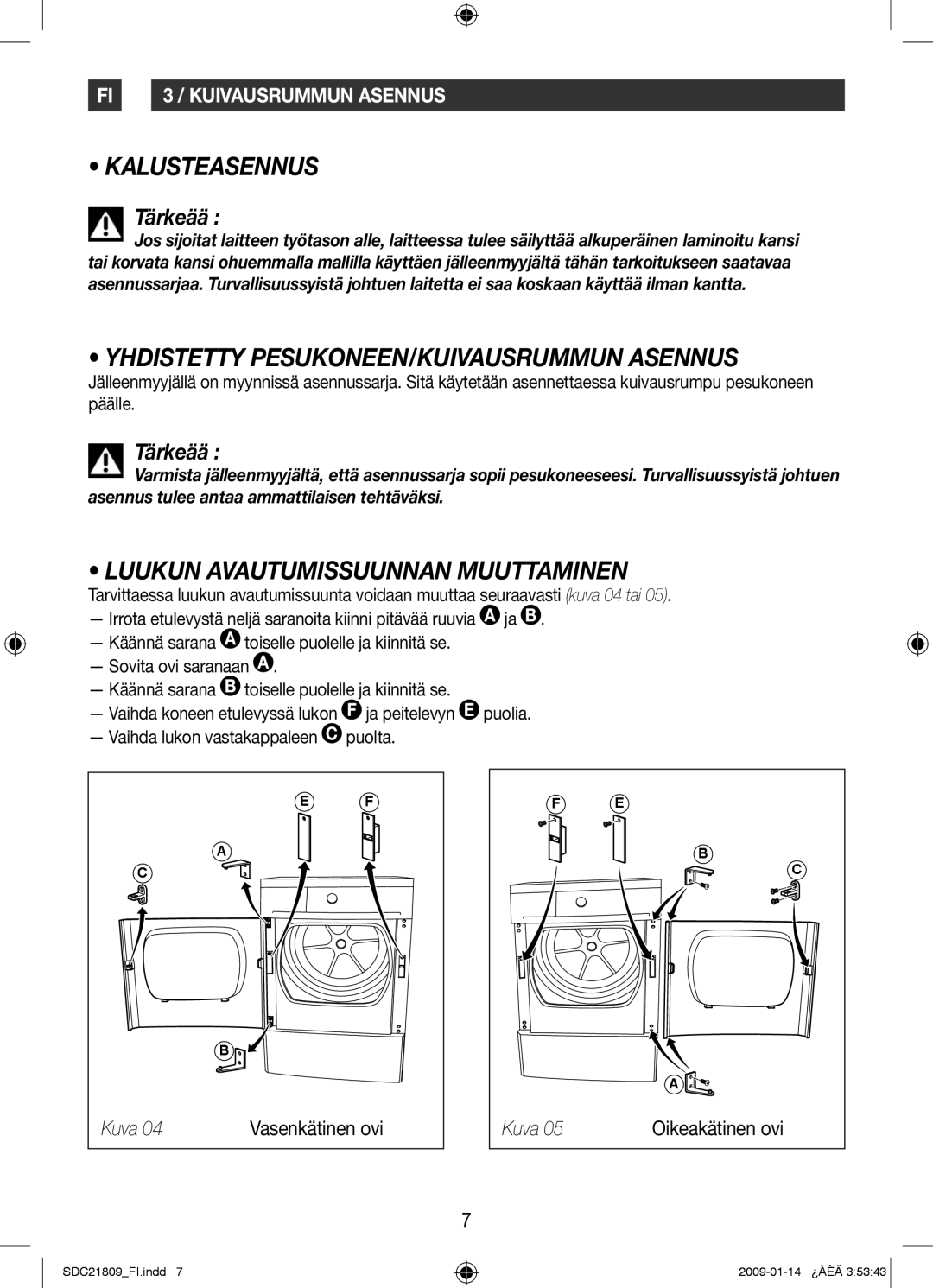 Samsung SDC21809/XEE Kalusteasennus, Yhdistetty PESUKONEEN/KUIVAUSRUMMUN Asennus, Luukun Avautumissuunnan Muuttaminen 