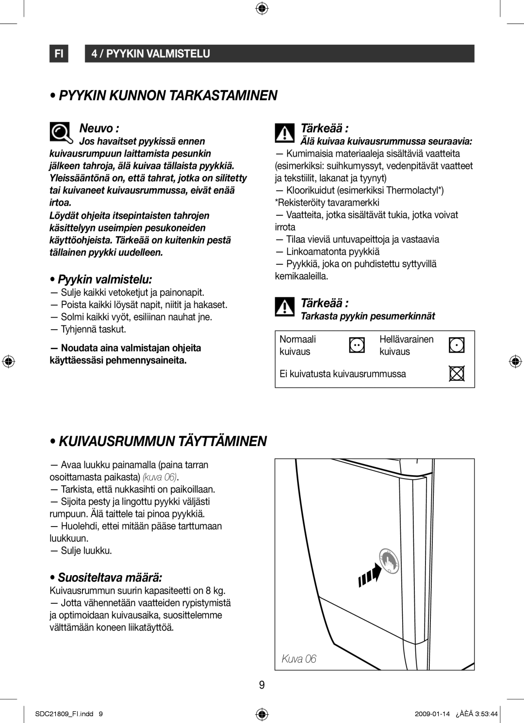 Samsung SDC21809/XEE Pyykin Kunnon Tarkastaminen, Pyykin valmistelu, Suositeltava määrä, Tarkasta pyykin pesumerkinnät 