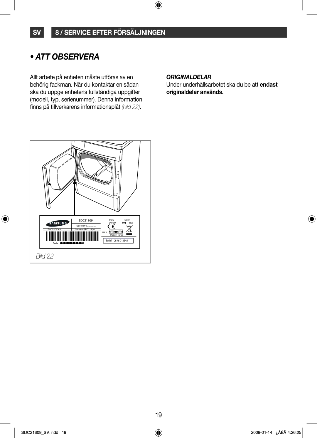 Samsung SDC21809/XEE manual ATT Observera, Originaldelar 