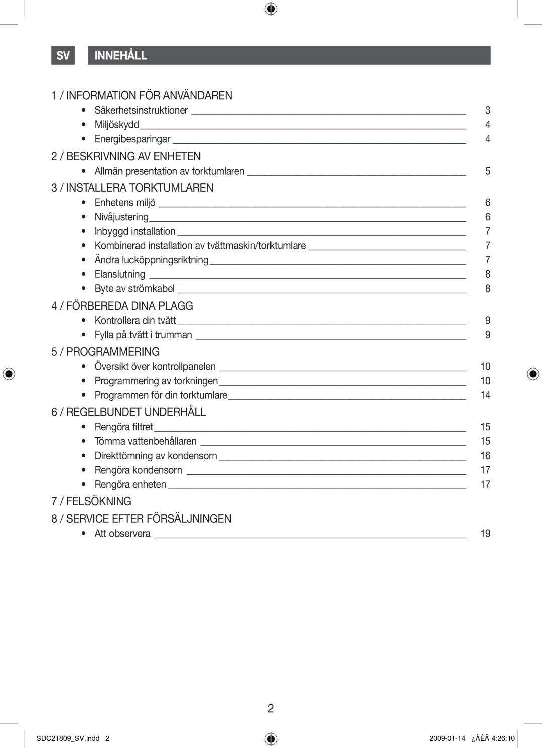 Samsung SDC21809/XEE manual Innehåll 