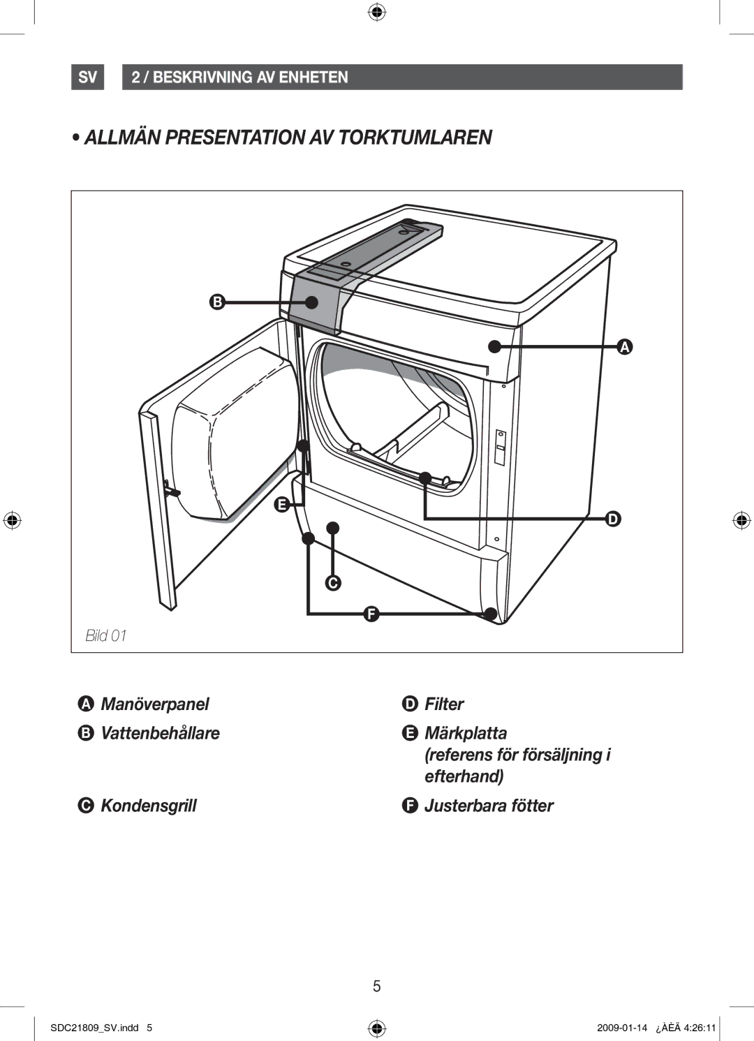 Samsung SDC21809/XEE manual Allmän Presentation AV Torktumlaren, Manöverpanel Filter Vattenbehållare Märkplatta, Efterhand 