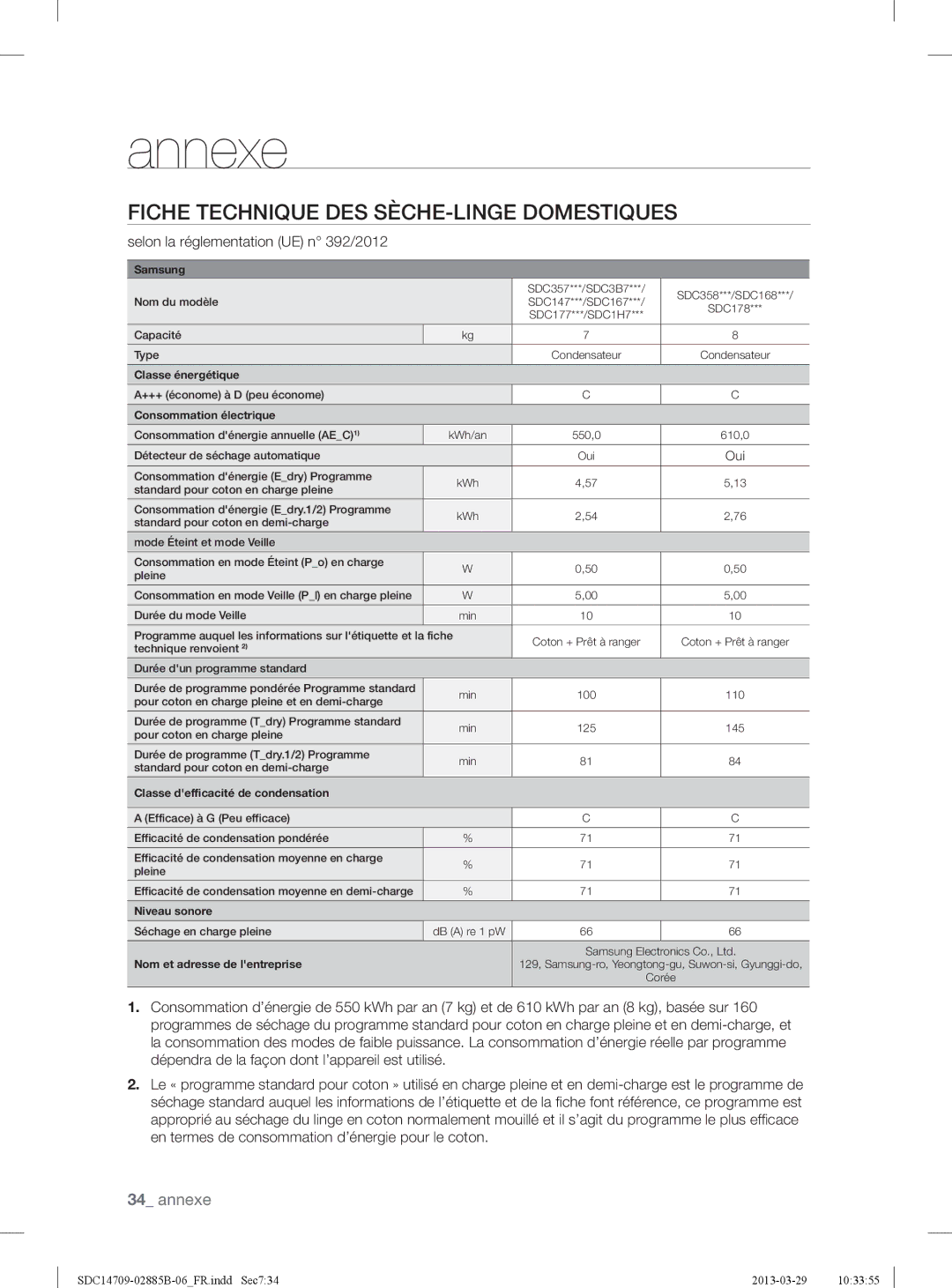 Samsung SDC35701/XEN, SDC35711/XEN manual Fiche Technique DES SÈCHE-LINGE Domestiques, Selon la réglementation UE n 392/2012 