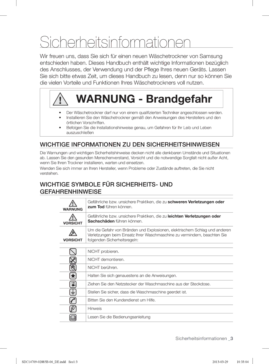 Samsung SDC35711/XEN, SDC35701/XEN manual Sicherheitsinformationen, Wichtige Informationen ZU DEN Sicherheitshinweisen 