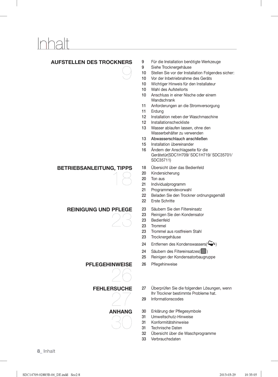 Samsung SDC14709/XEF, SDC35711/XEN, SDC35701/XEN manual Inhalt 