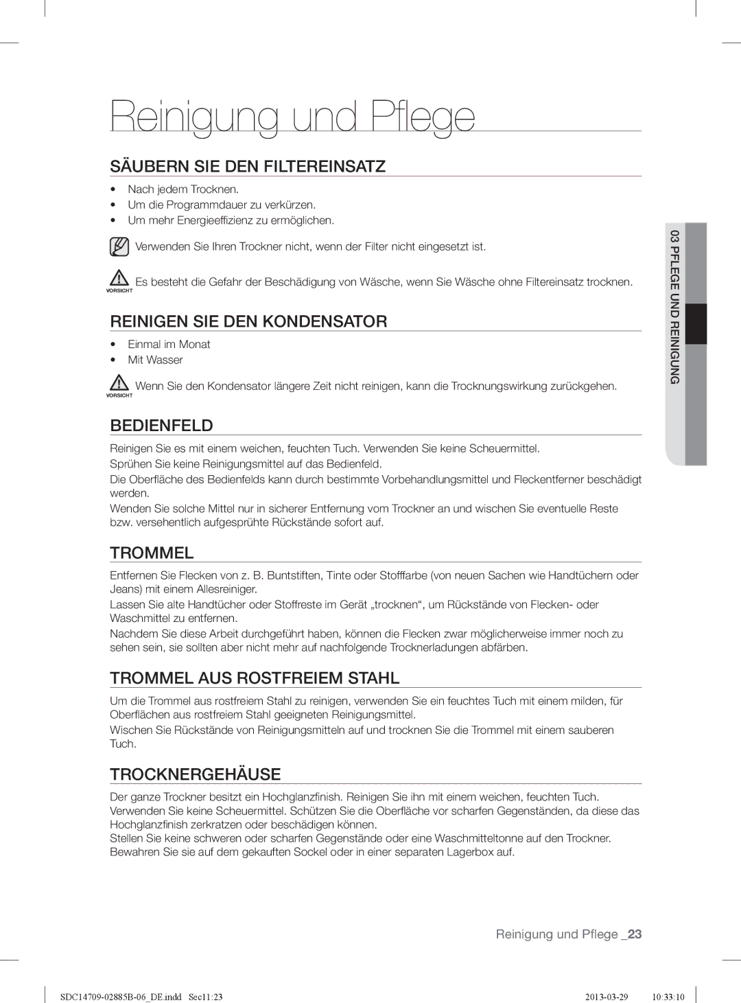 Samsung SDC14709/XEF, SDC35711/XEN, SDC35701/XEN manual Reinigung und Pflege 