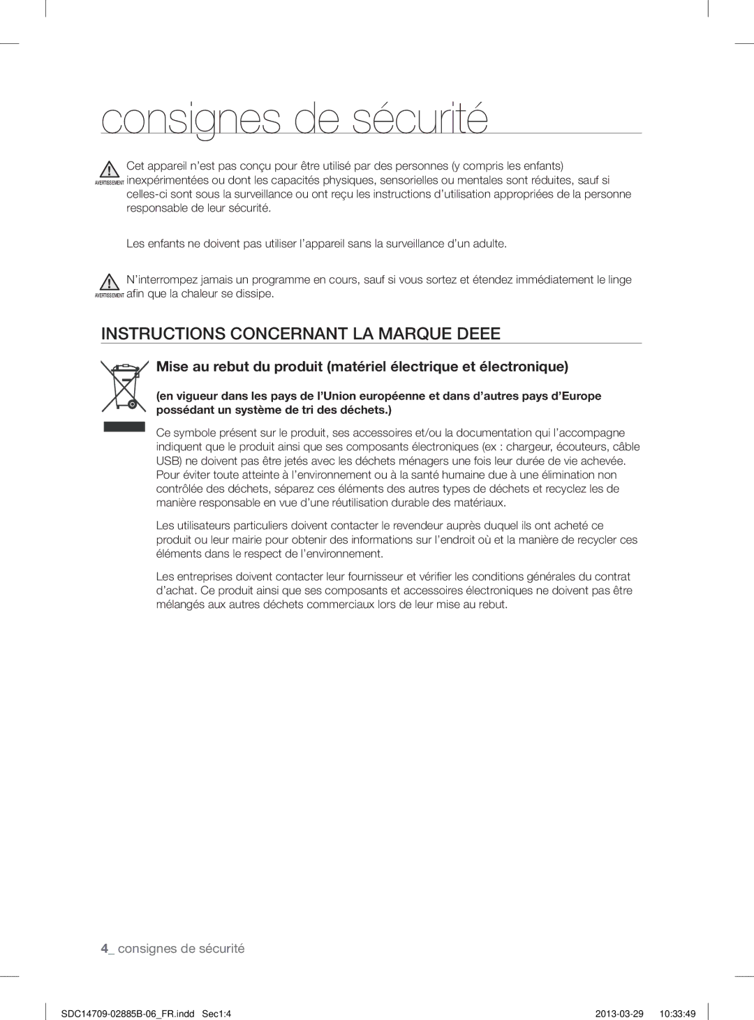 Samsung SDC35701/XEN, SDC35711/XEN, SDC14709/XEF manual Instructions Concernant LA Marque Deee 