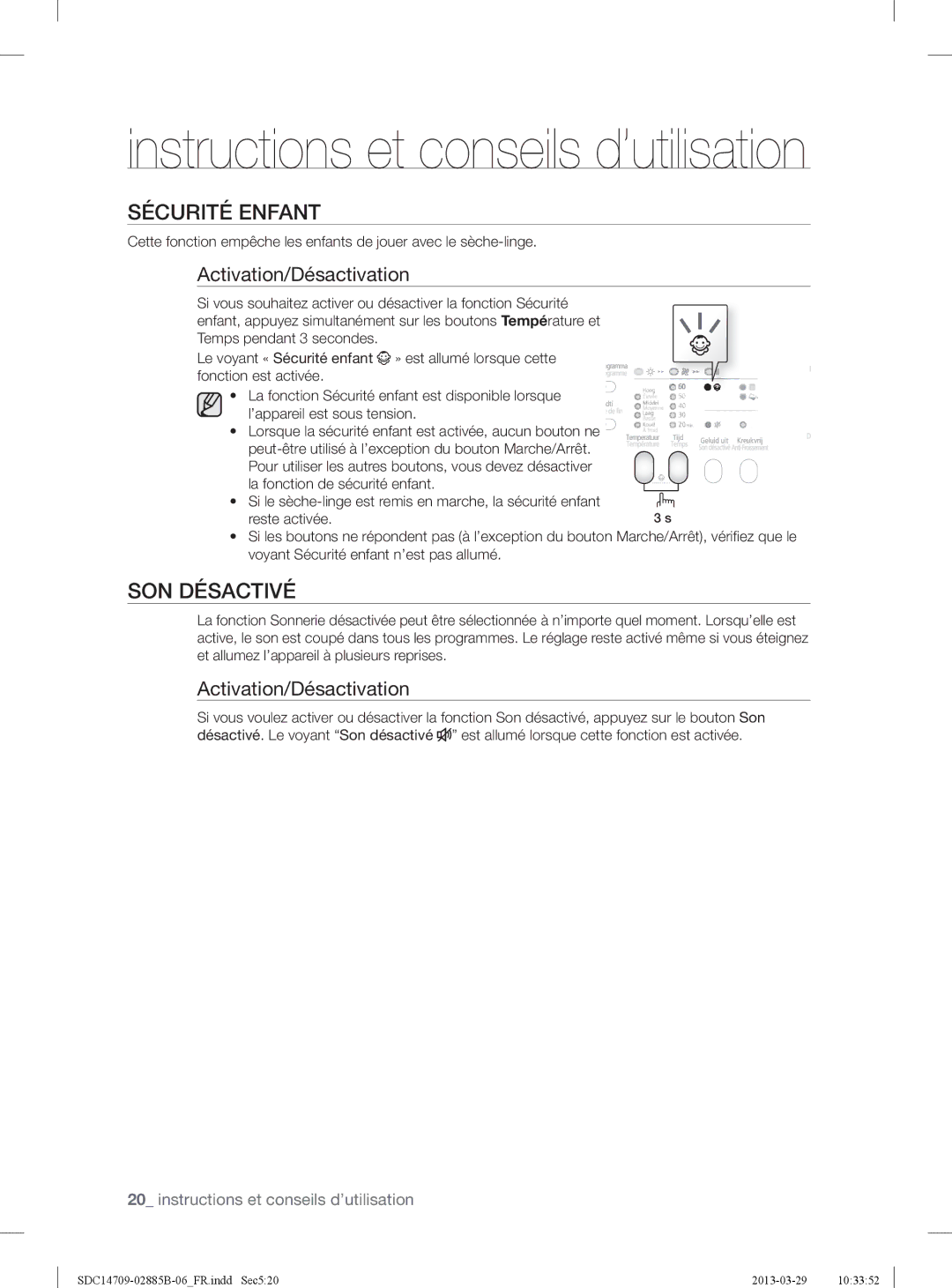 Samsung SDC14709/XEF, SDC35711/XEN, SDC35701/XEN manual Sécurité Enfant, SON Désactivé 