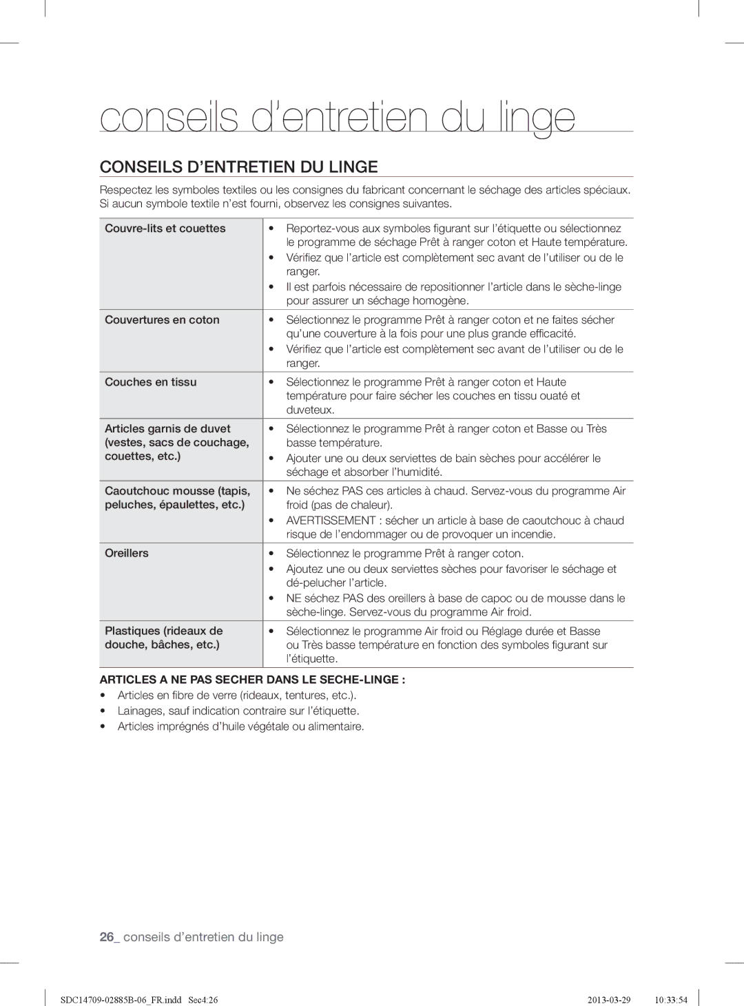 Samsung SDC14709/XEF, SDC35711/XEN, SDC35701/XEN manual Conseils d’entretien du linge, Conseils D’ENTRETIEN DU Linge 