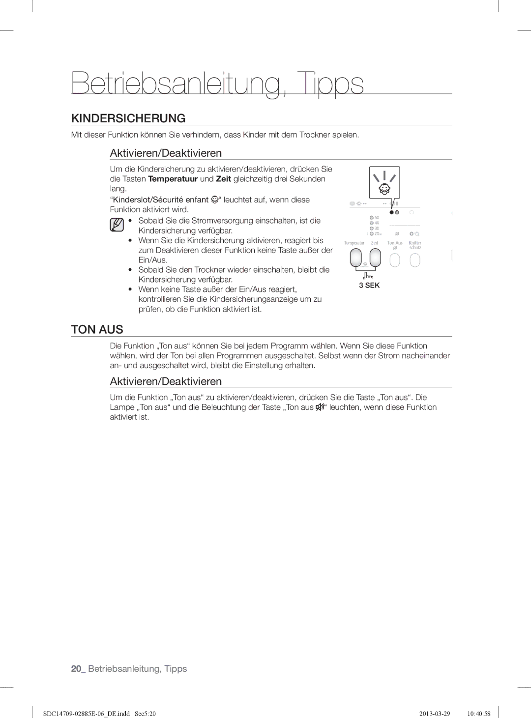 Samsung SDC35802/XEG, SDC35702/XEG manual Kindersicherung, Ton Aus 