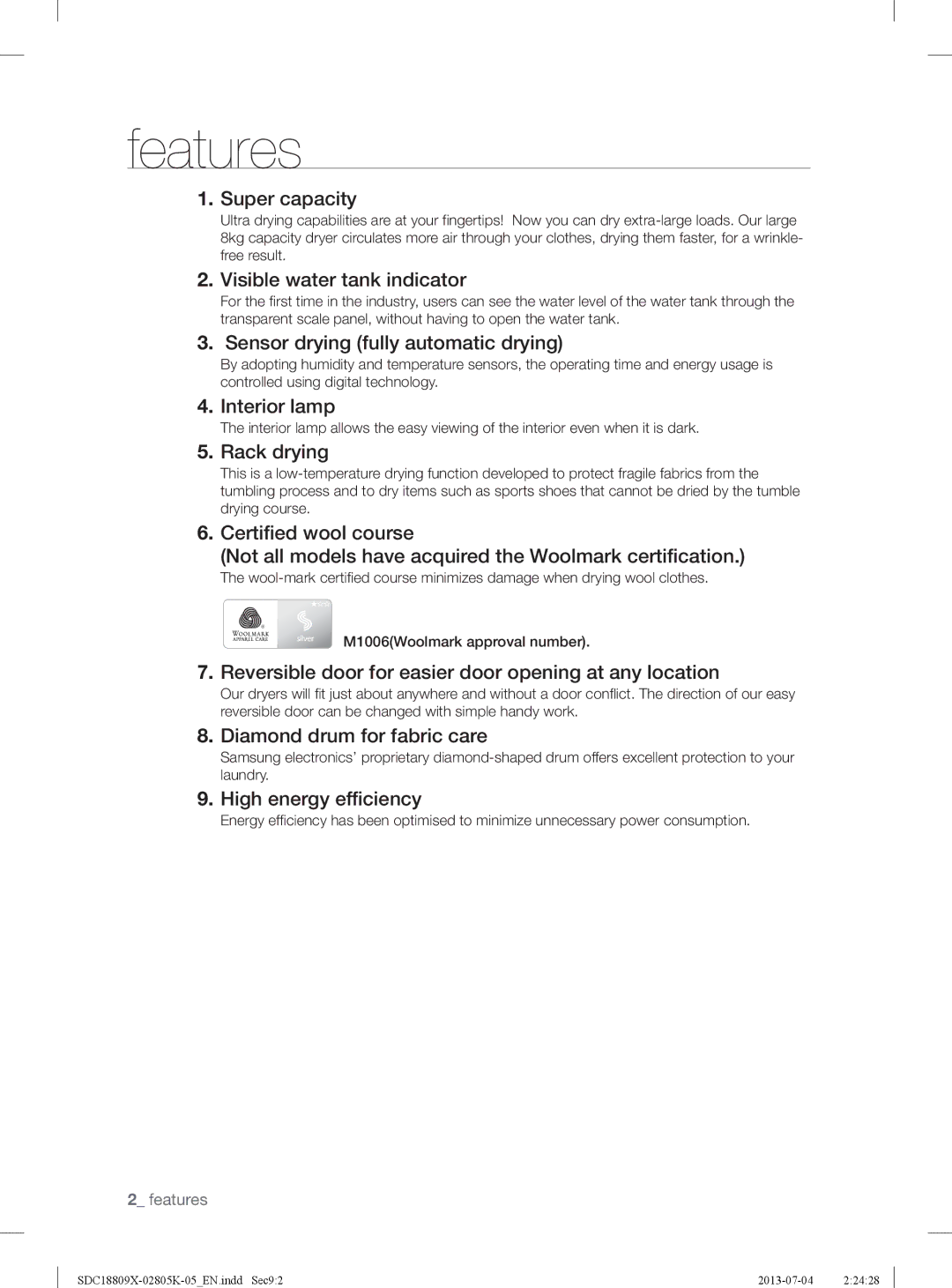 Samsung SDC3C801/XFA manual Features, Super capacity 