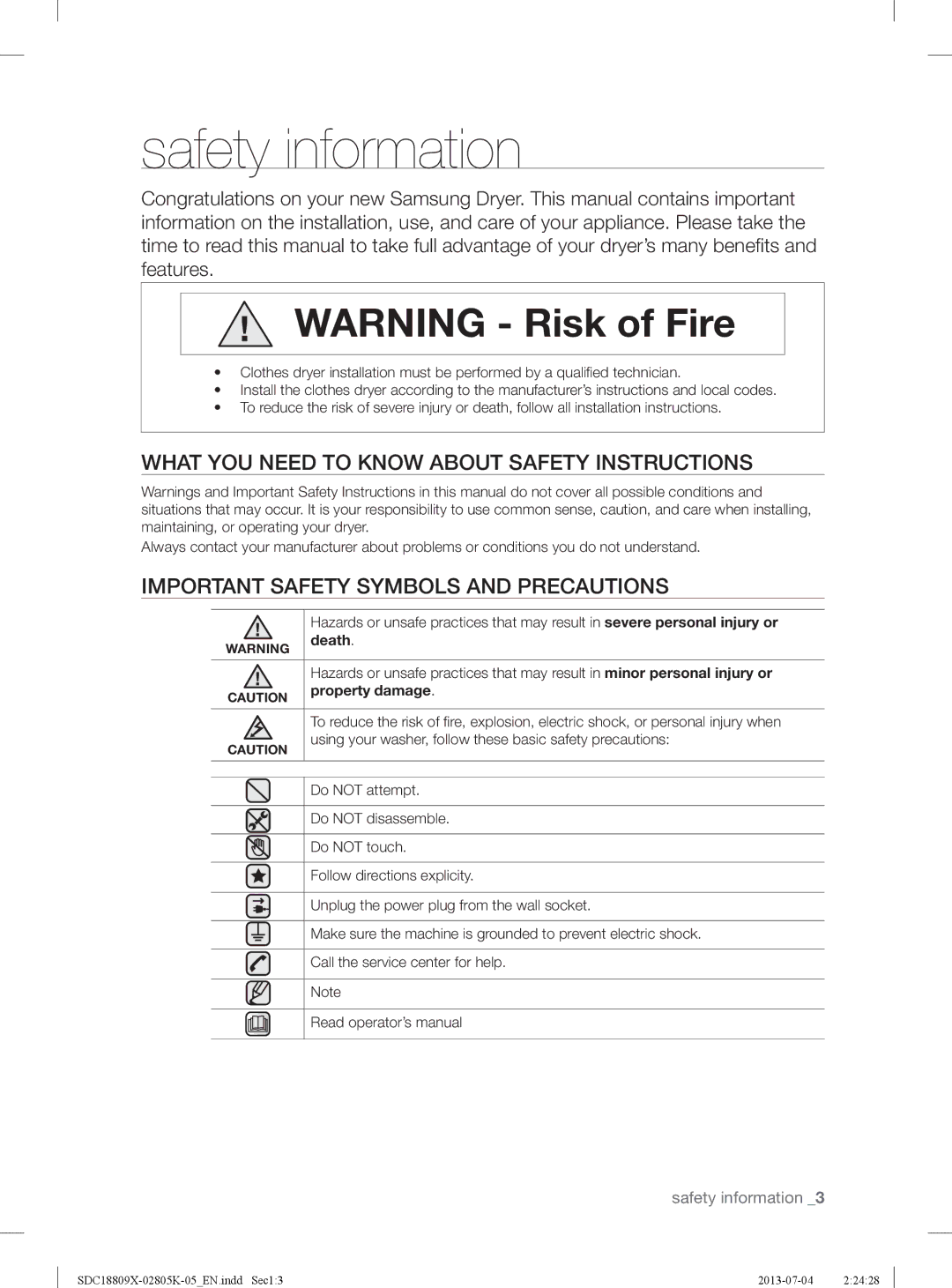 Samsung SDC3C801/XFA manual Safety information, What YOU Need to Know about Safety Instructions, Death, Property damage 