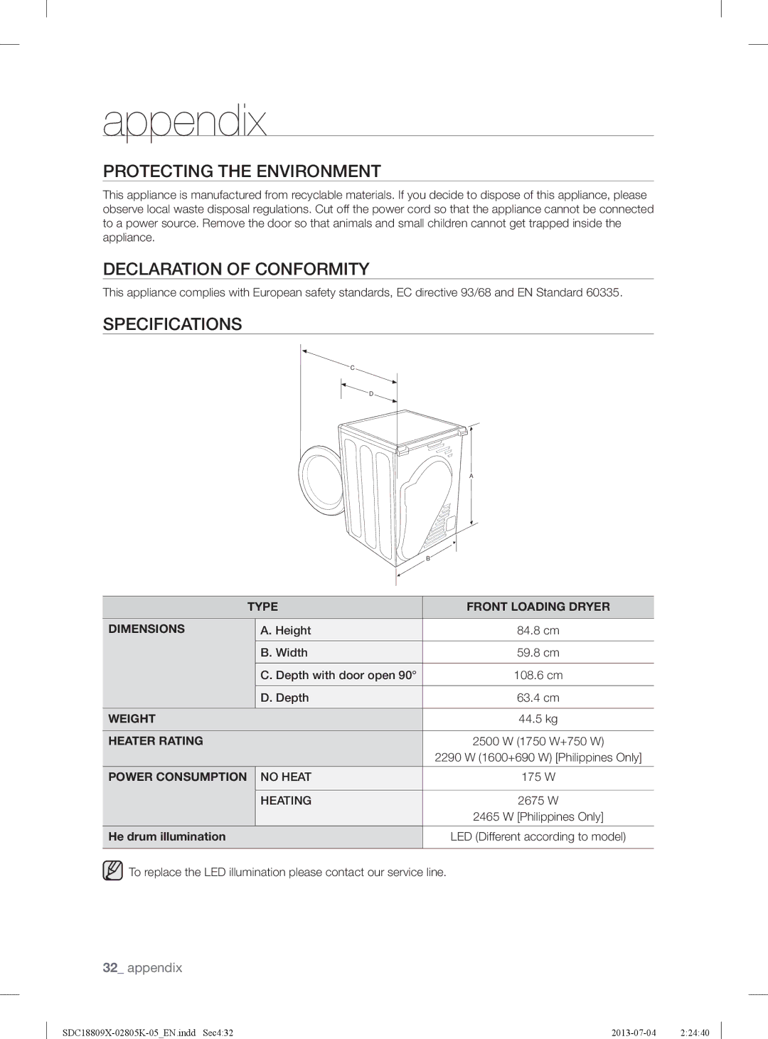 Samsung SDC3C801/XFA manual Protecting the Environment, Declaration of Conformity, Specifications, He drum illumination 