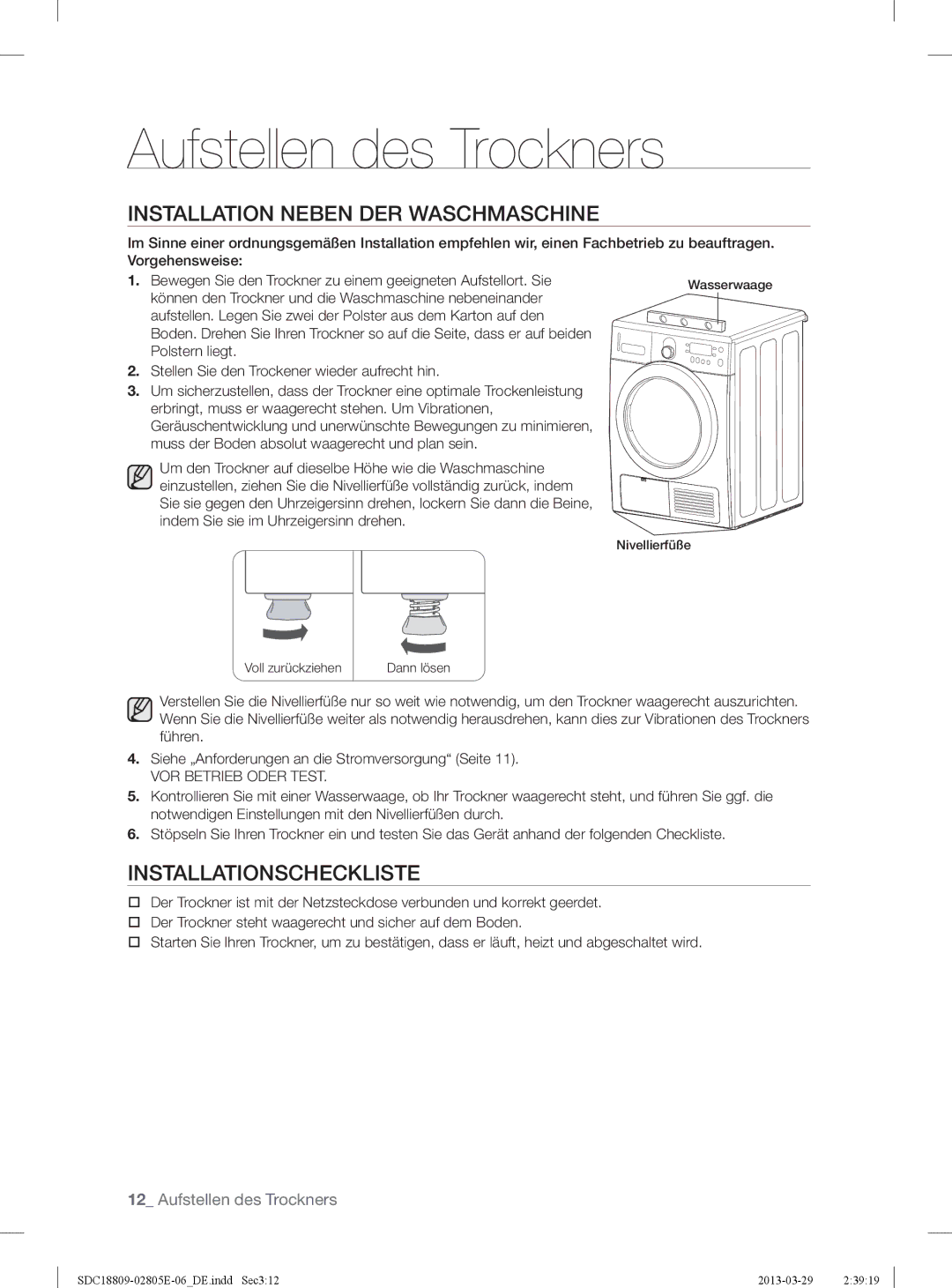 Samsung SDC3D702/XEG, SDC18809/XEG, SDC3D809/XEG manual Installation Neben DER Waschmaschine, Installationscheckliste 