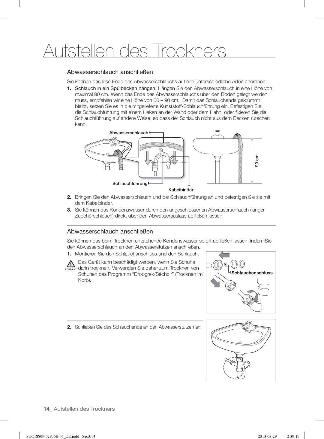 Samsung SDC3D809/XEG, SDC3D702/XEG, SDC18809/XEG manual Abwasserschlauch anschließen 