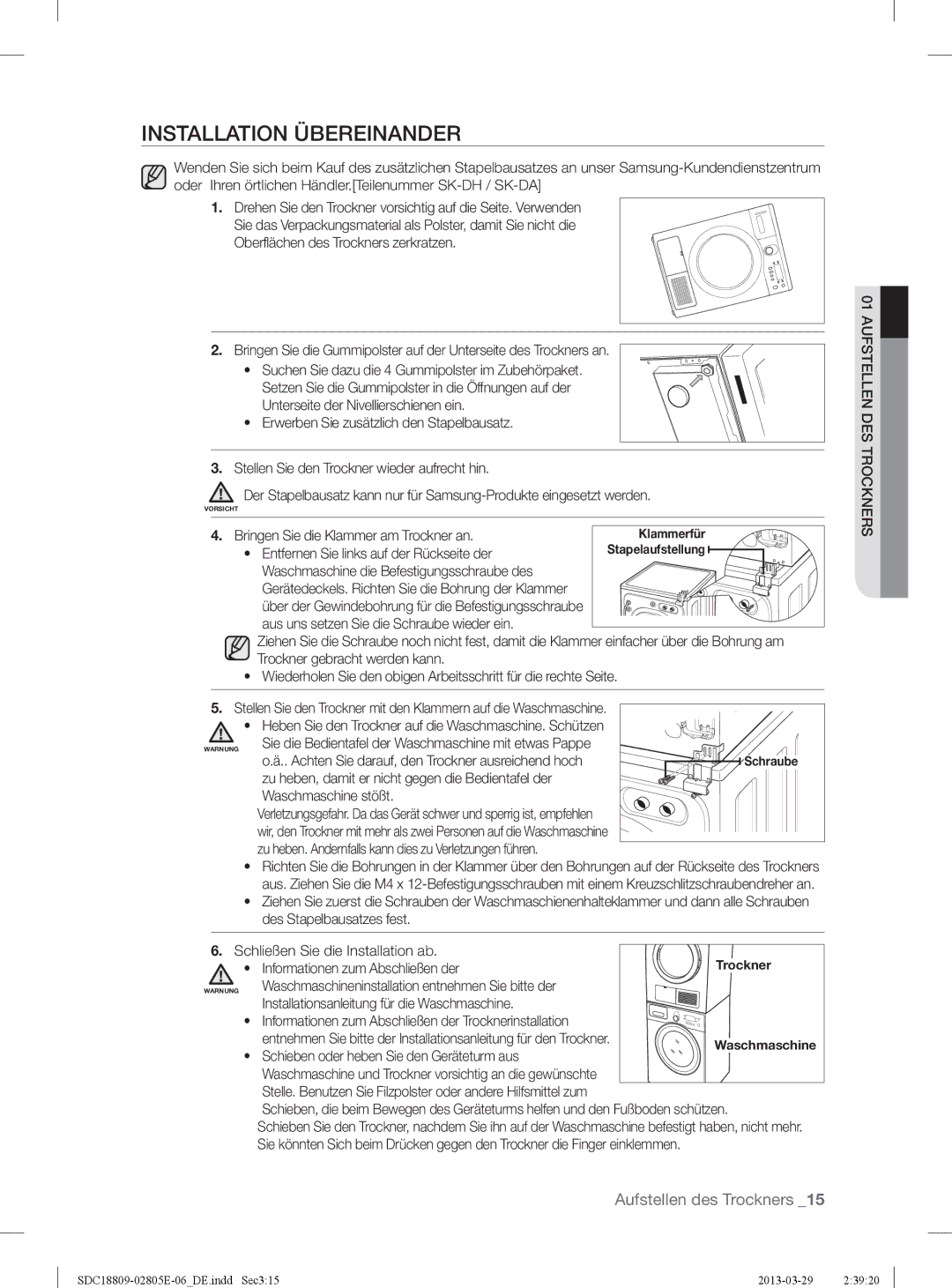 Samsung SDC3D702/XEG, SDC18809/XEG, SDC3D809/XEG manual Installation Übereinander 