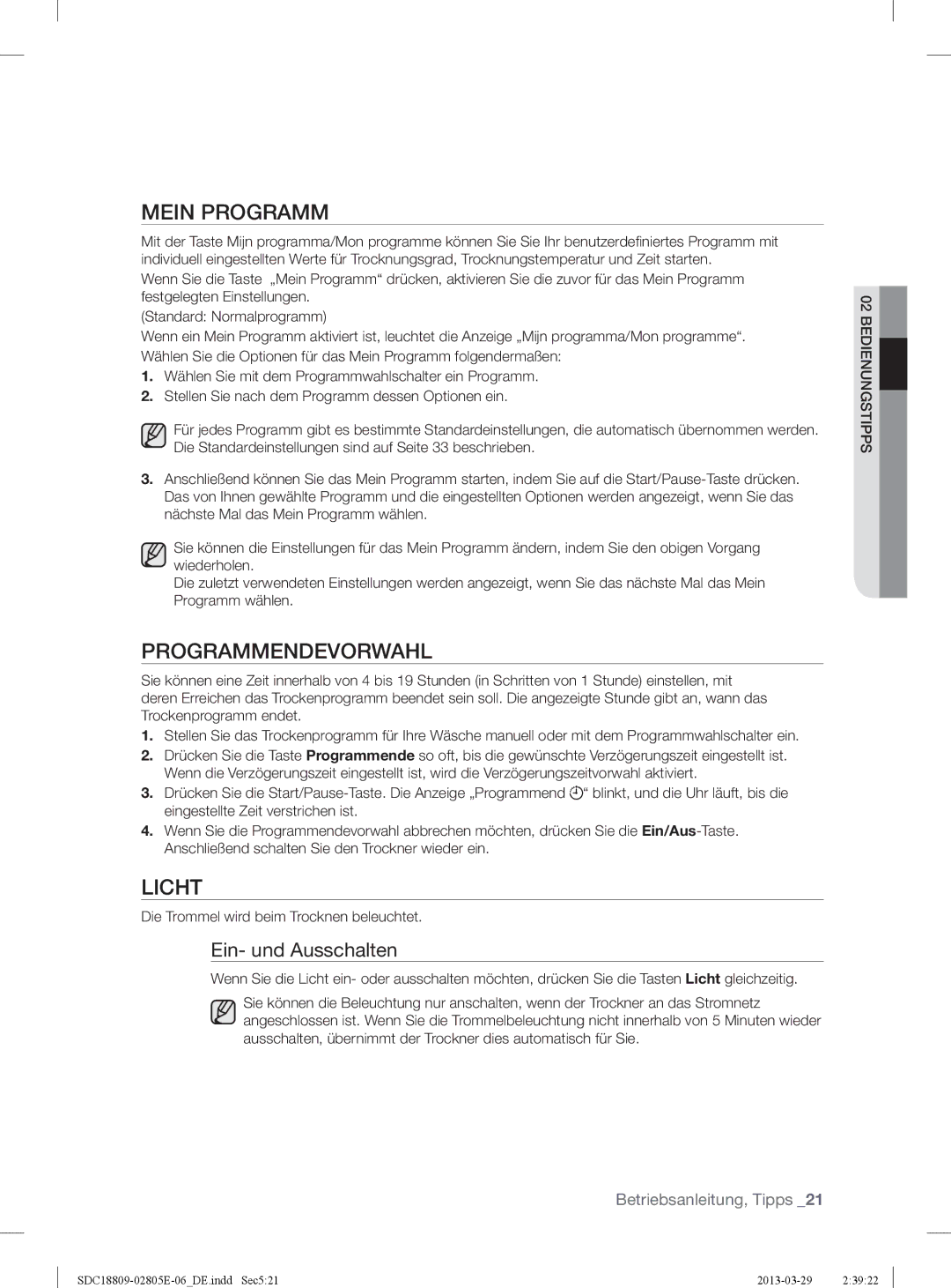 Samsung SDC3D702/XEG, SDC18809/XEG, SDC3D809/XEG manual Mein Programm, Programmendevorwahl, Licht 