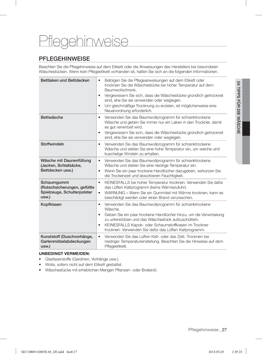 Samsung SDC3D702/XEG, SDC18809/XEG, SDC3D809/XEG manual Pflegehinweise 