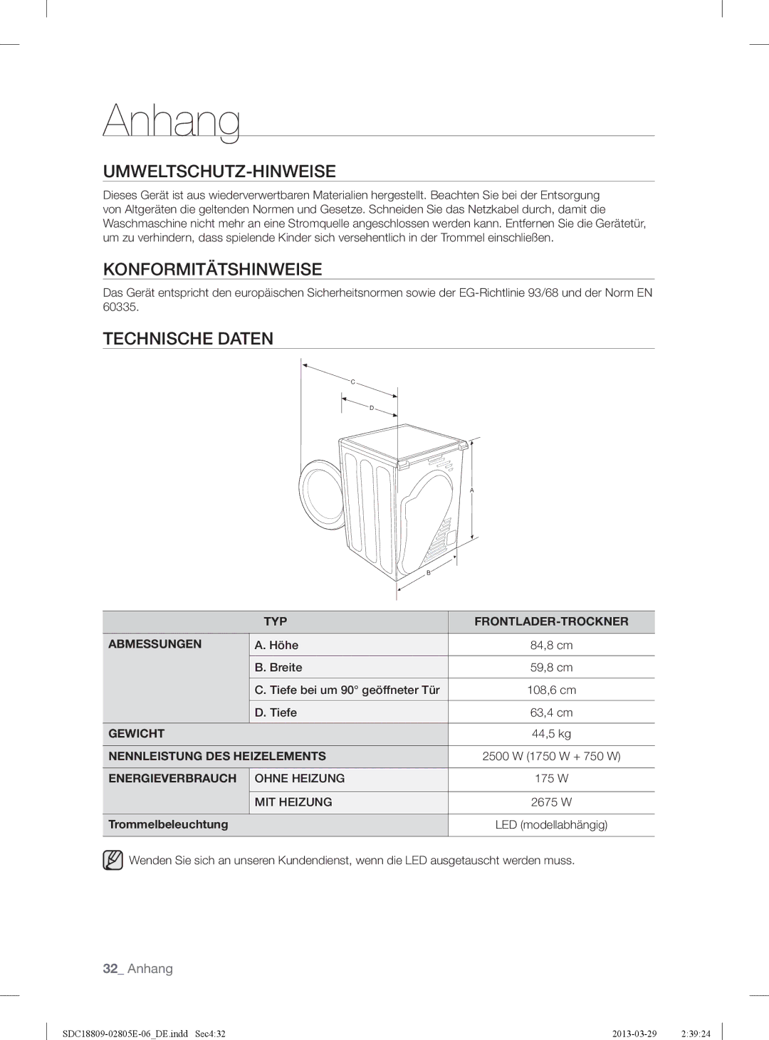 Samsung SDC3D809/XEG, SDC3D702/XEG manual Umweltschutz-Hinweise, Konformitätshinweise, Technische Daten, Trommelbeleuchtung 