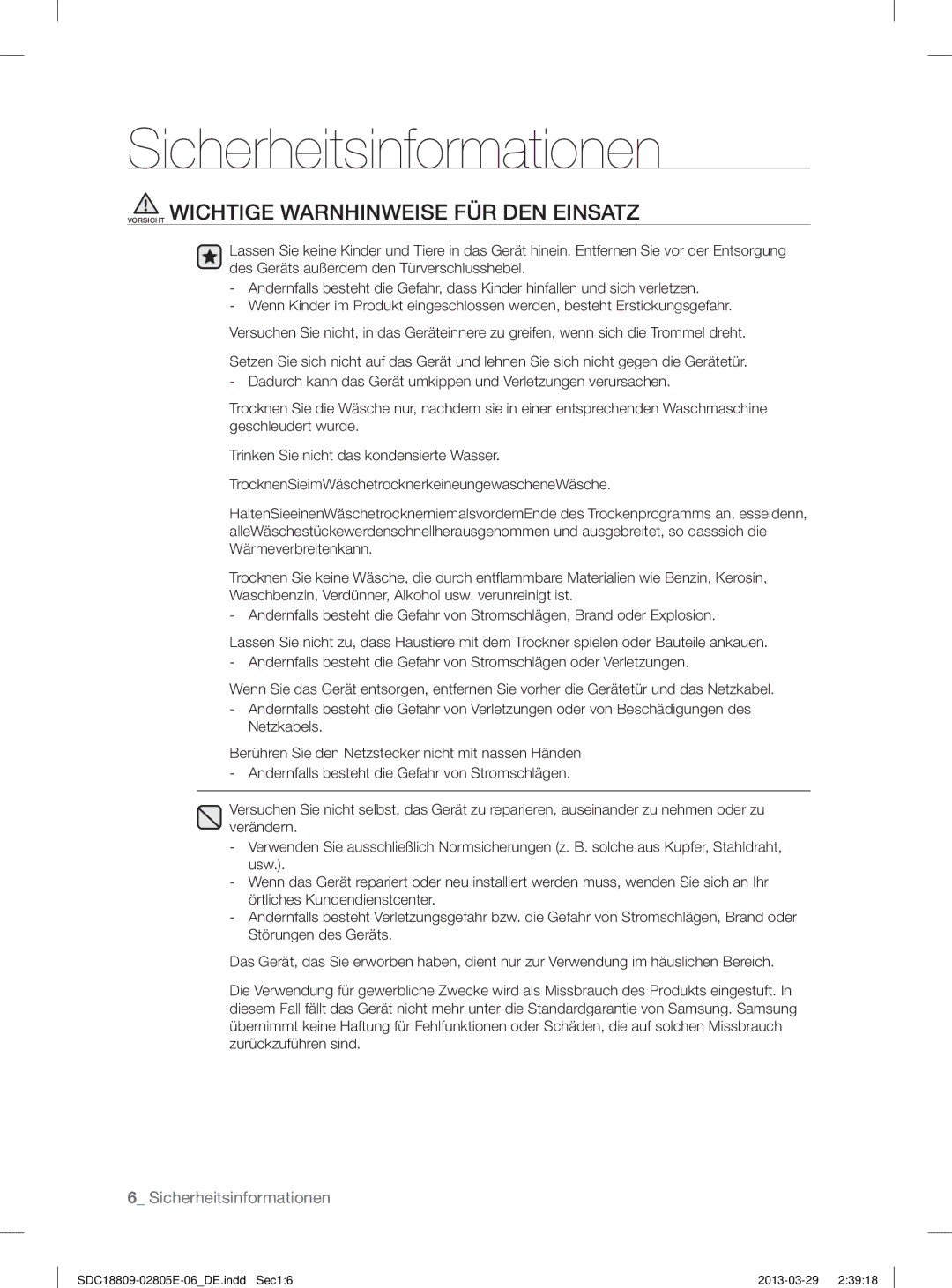 Samsung SDC3D702/XEG, SDC18809/XEG, SDC3D809/XEG manual Vorsicht Wichtige Warnhinweise FÜR DEN Einsatz 