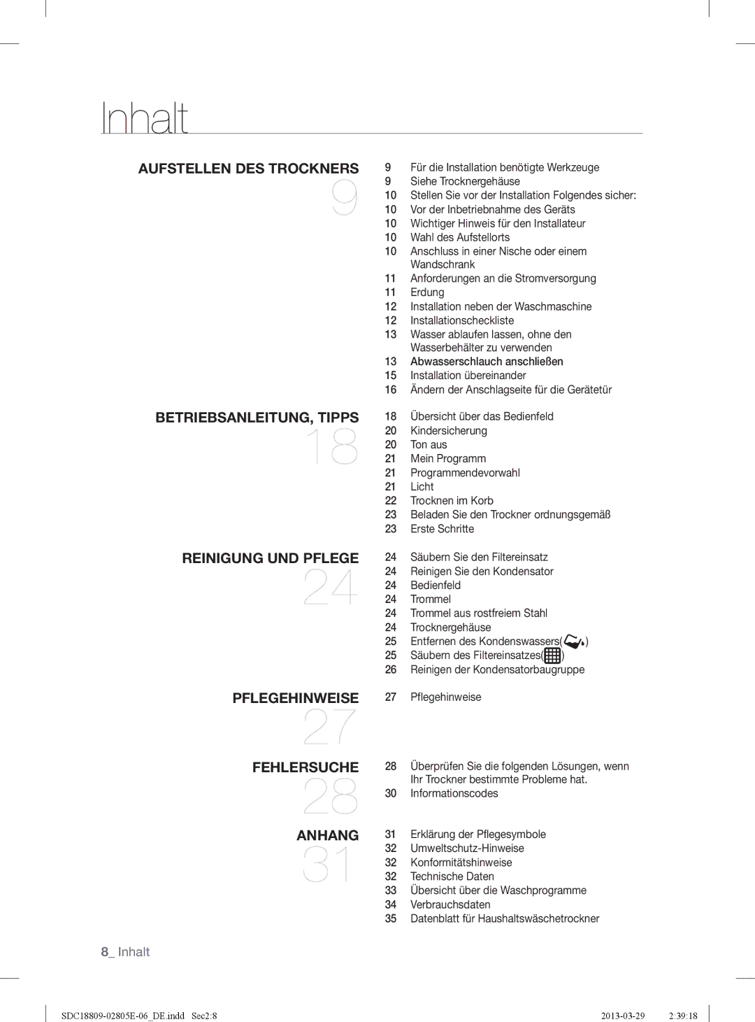 Samsung SDC3D809/XEG, SDC3D702/XEG, SDC18809/XEG manual Inhalt, Aufstellen DES Trockners 