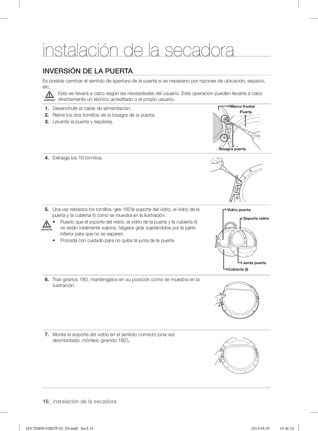 Samsung SDC3D809/XEC manual Inversión DE LA Puerta, Desenchufe el cable de alimentación, Levante la puerta y sepárela 