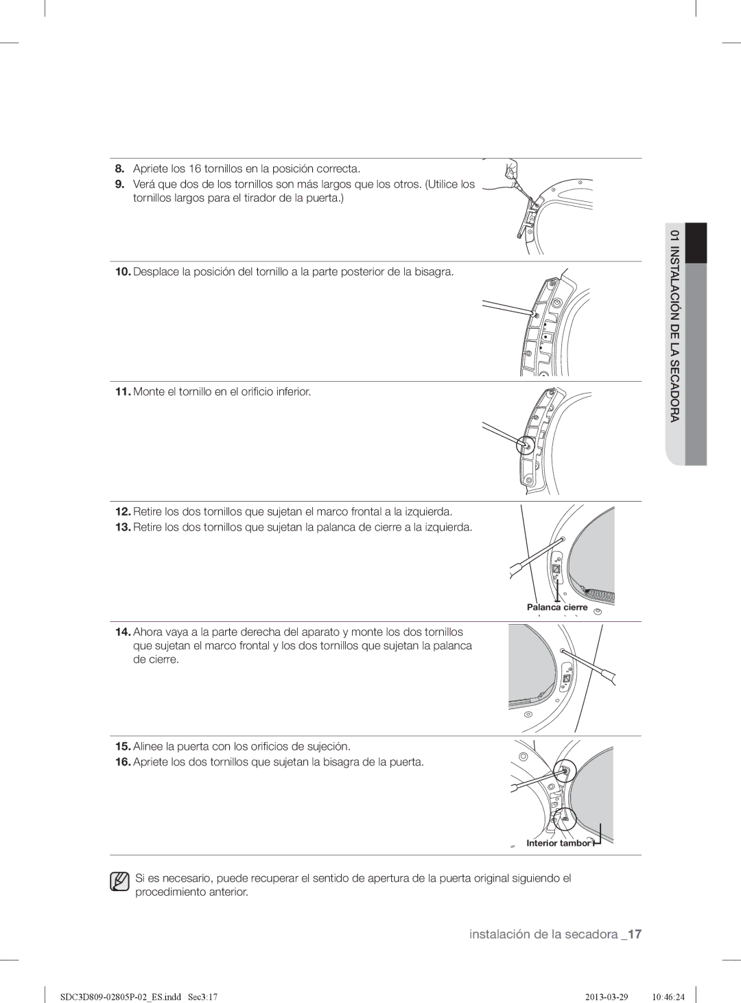 Samsung SDC3D809/XEC manual Palanca cierre 