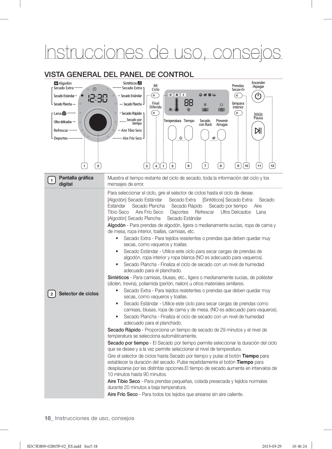 Samsung SDC3D809/XEC manual Instrucciones de uso, consejos, Vista General DEL Panel DE Control, Pantalla gráfica 