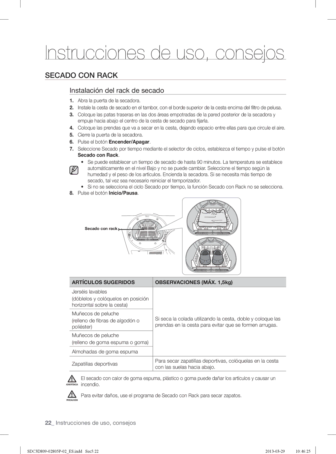 Samsung SDC3D809/XEC manual Secado CON Rack, Observaciones MÁX ,5kg 