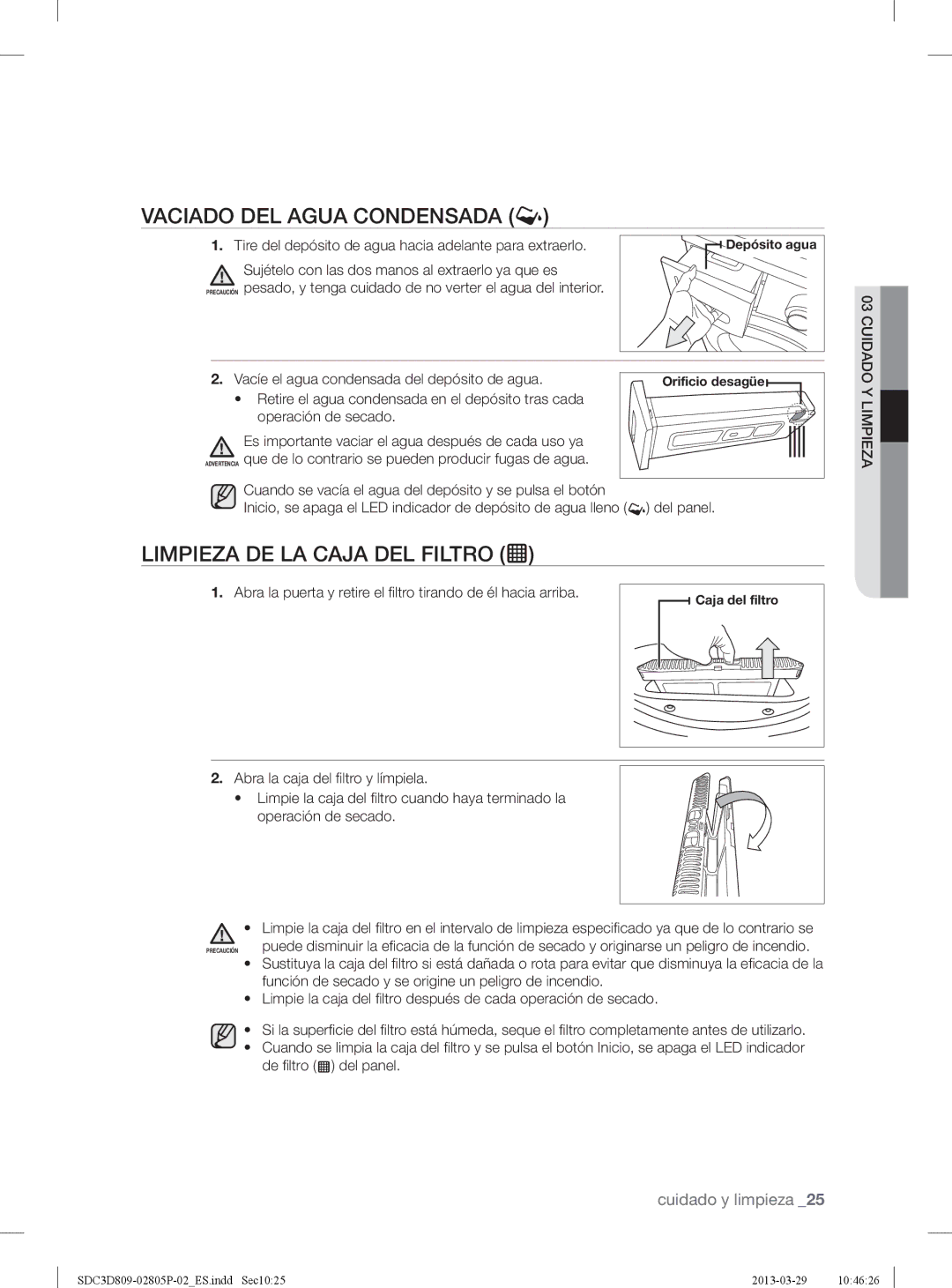 Samsung SDC3D809/XEC manual Vaciado DEL Agua Condensada, Limpieza DE LA Caja DEL Filtro, Del panel 