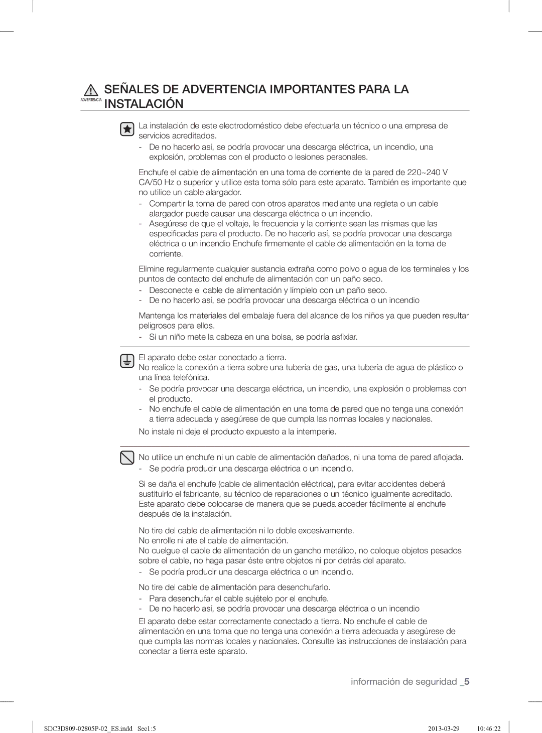 Samsung SDC3D809/XEC manual Señales DE Advertencia Importantes Para LA 