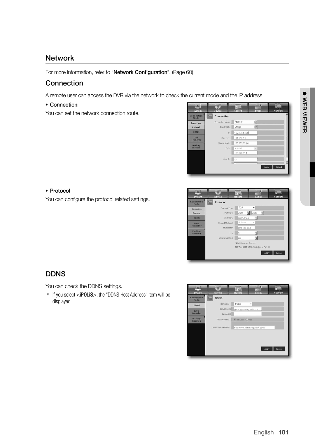 Samsung SDC5440BC user manual Network, Connection, DdnS, For more information, refer to network configuration 