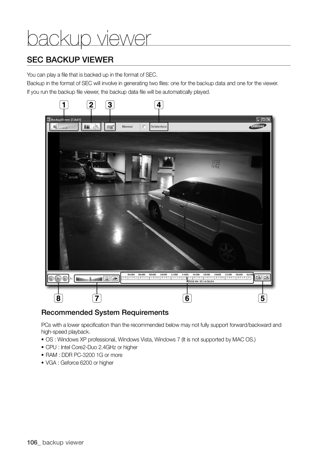 Samsung SDC5440BC user manual Sec bAcKuP VieWer, Recommended System requirements 