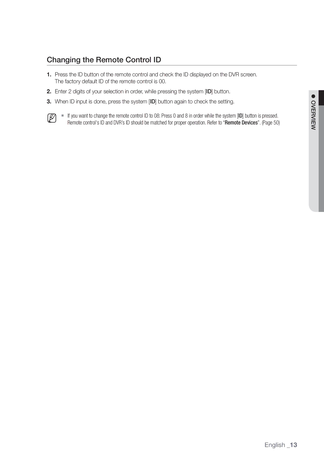 Samsung SDC5440BC user manual Changing the Remote Control ID, Overview 