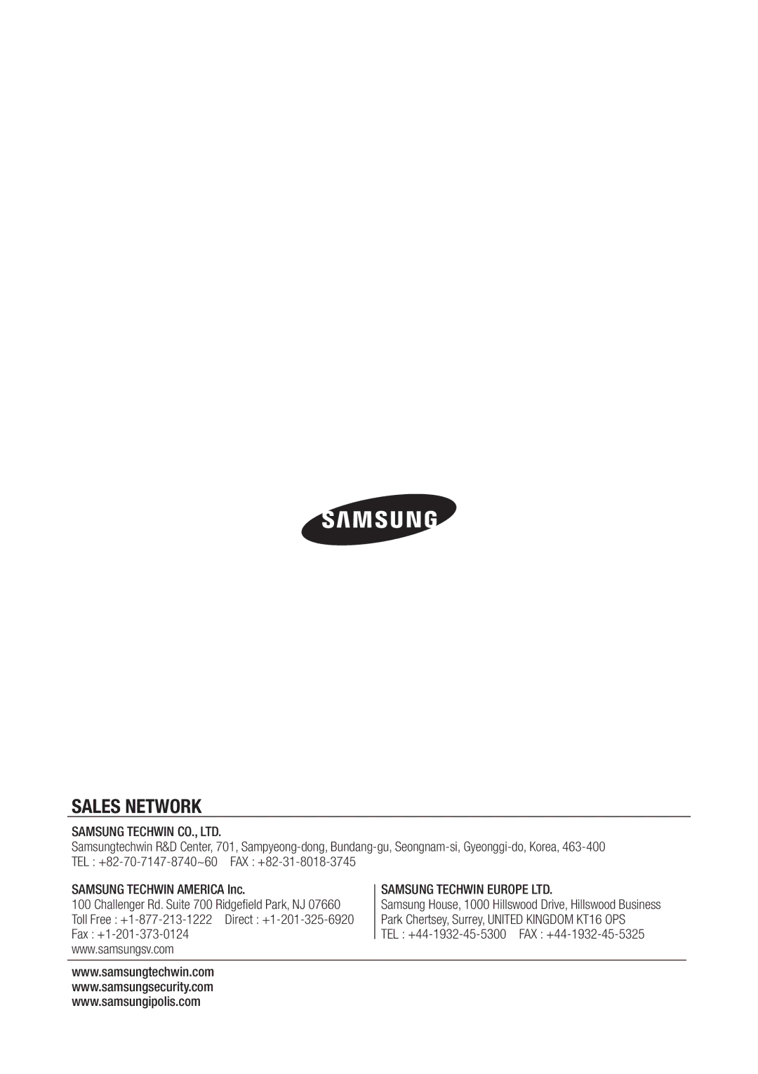 Samsung SDC5440BC user manual Sales Network, Samsung Techwin America Inc 