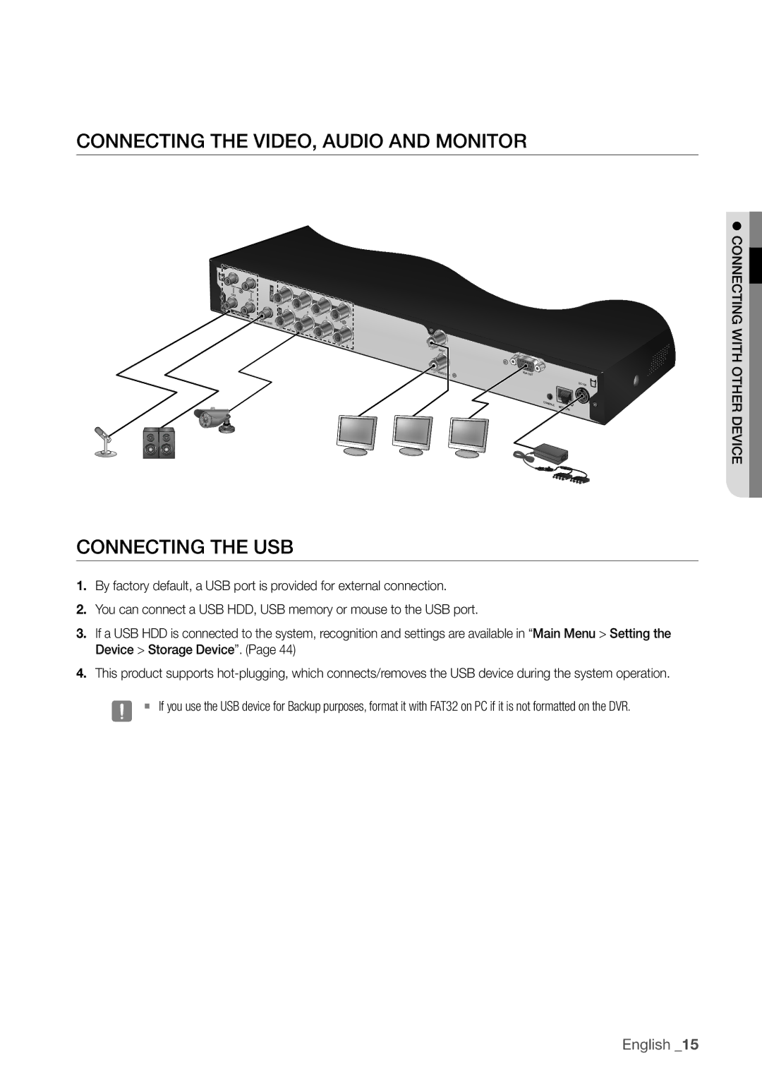 Samsung SDC5440BC user manual ConneCTinG The video, Audio And moniTor, ConneCTinG The uSB, ConneCTinG wiTh, OTher deviCe 