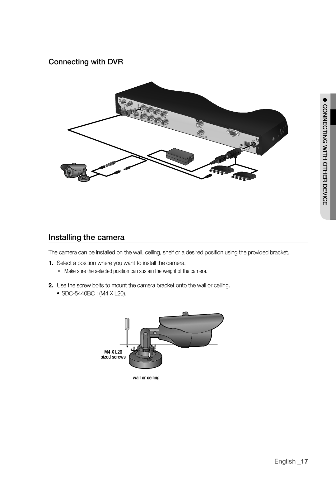 Samsung SDC5440BC user manual Installing the camera, Connecting with dvr, ConneCTinG wiTh oTher deviCe 