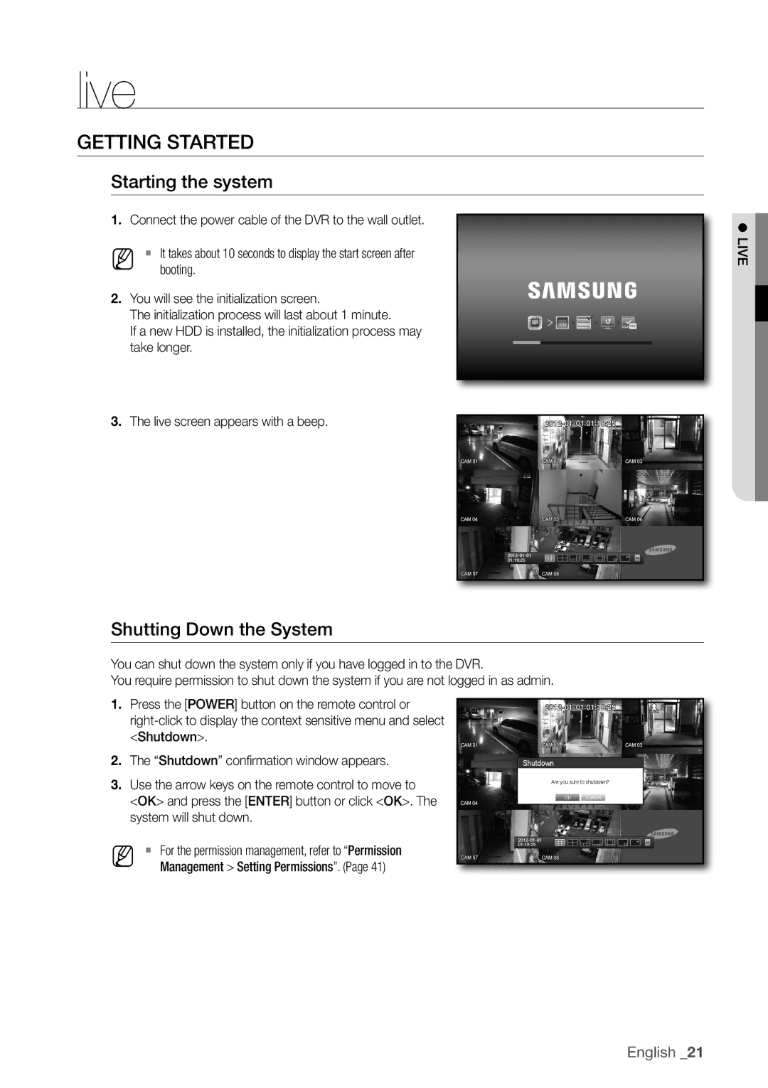 Samsung SDC5440BC user manual GeTTinG STArTed, Starting the system, Shutting down the System 